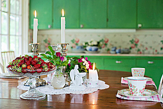 成套餐具,清新,草莓,花,照亮,蜡烛