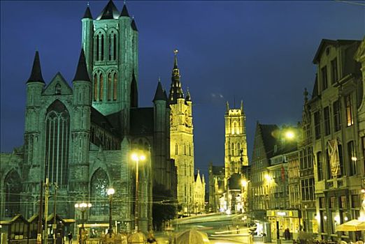 比利时,根特,夜晚,尼古拉斯,教堂,钟楼,大教堂