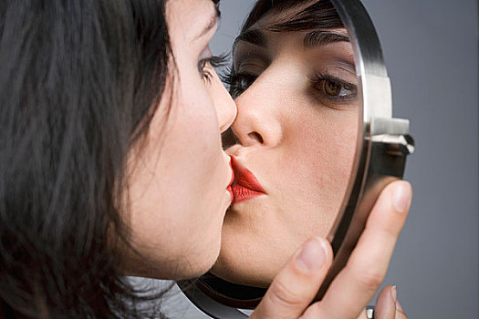 女人,吻,反射,镜子
