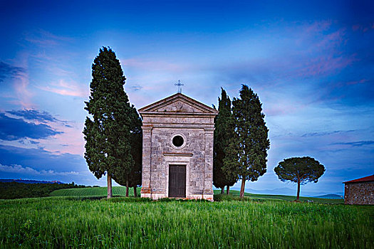 小教堂,柏树,黄昏,日落,锡耶纳省,托斯卡纳,意大利