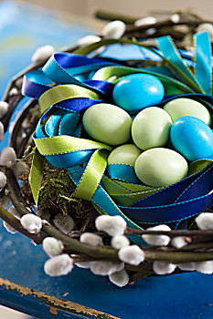 静物,蓝色,绿色,复活节彩蛋,鸟窝,银柳,茎