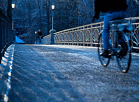 人,骑,自行车,桥,早,寒冬,早晨,慕尼黑,上巴伐利亚,德国,欧洲
