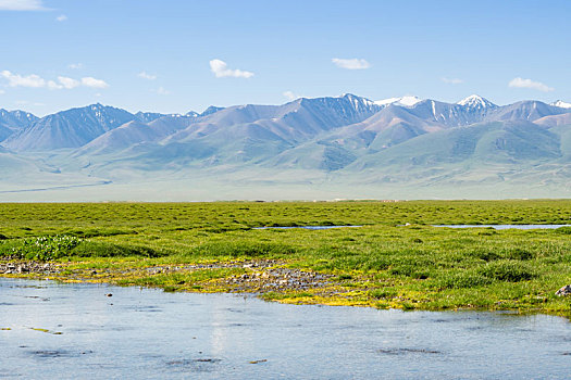 中国新疆夏季蓝天白云下g217独库公路沿途高山河水草甸图腾