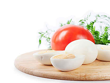 熟食,母鸡,蛋,西红柿,白色背景