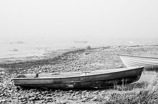 老,渔船,海岸,雾状,早晨
