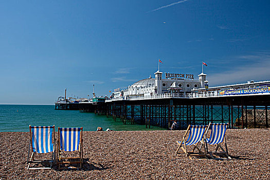 海滩,折叠躺椅,风景,布莱顿,码头,英格兰,英国,欧洲