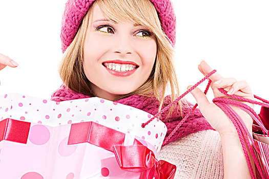 高兴,少女,帽子,粉色,购物袋