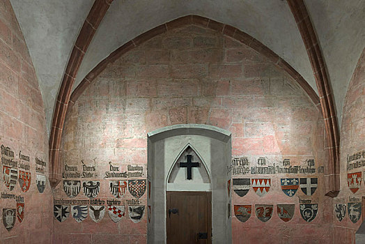 盾徽,哥特式,大厅,瓦兹拉夫,城堡,中间,弗兰克尼亚,巴伐利亚,德国,欧洲