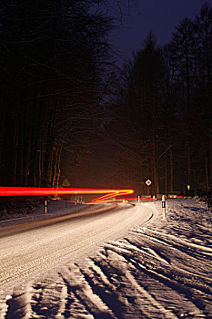 雪,黑冰,弯曲,积雪,道路,汽车,小路,冬天