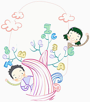 男孩,女孩,數(shù)字,字母塊,樹
