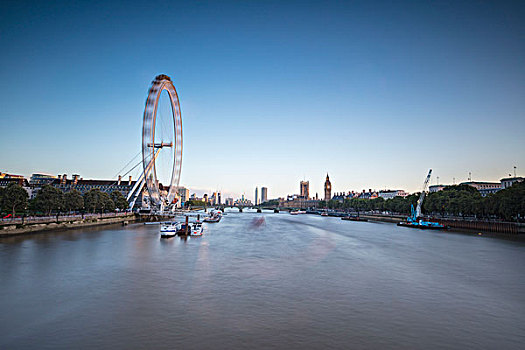 风景,泰晤士河,伦敦眼,大本钟,威斯敏斯特宫,背景,黄昏,伦敦,英国