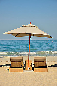 太阳椅,遮阳伞,海滩,公园,凯悦酒店,岛屿,阿布扎比,阿联酋,阿拉伯半岛,东方,亚洲
