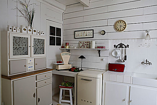 复古,柜橱,靠近,厨房操作台,角,白色,厨房