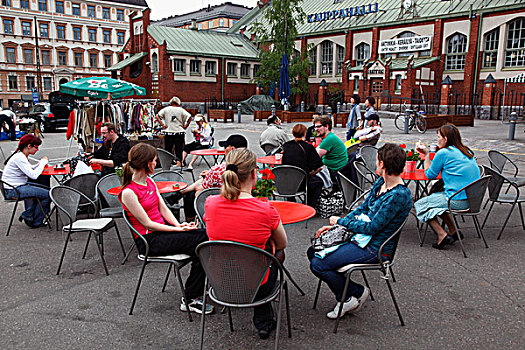芬兰,赫尔辛基,跳蚤市场,人,露天咖啡馆