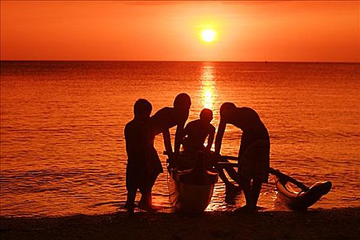 夏威夷,瓦胡岛,北岸,男孩,拿着,独木舟,剪影,鲜明,橙色,日落