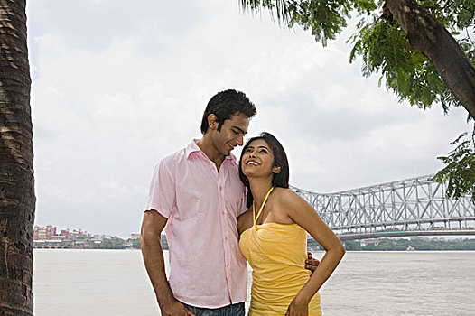 伴侣,微笑,桥,背景,河,加尔各答,西孟加拉,印度