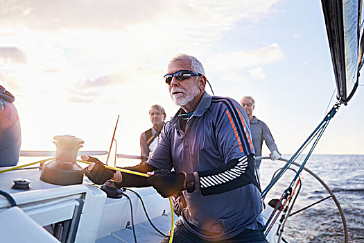 退休,男人,航行,拿着,索具,帆船