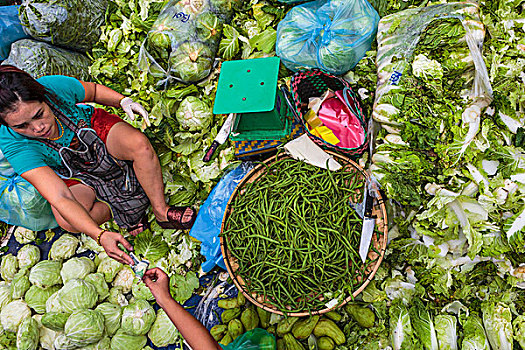 市场,坐,女人,站立,销售,绿色食品,万象,老挝