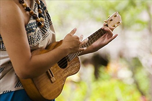 夏威夷,瓦胡岛,特写,女人,演奏,夏威夷四弦琴