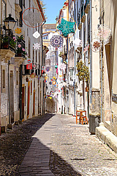 葡萄牙,可因布拉,狭窄,鹅卵石,街道,老,局部,城镇,装饰,纸,花,编织,艺术品