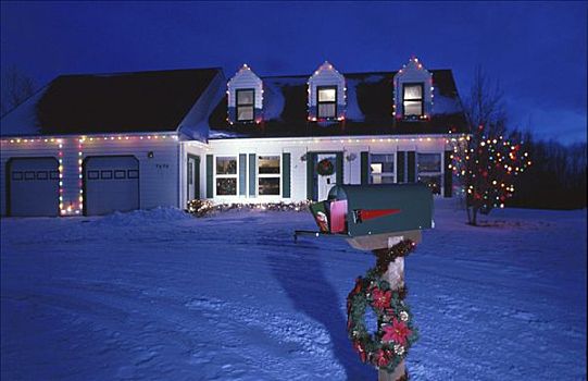 家,圣诞灯光,邮箱,冬天,景色