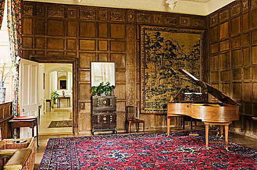大钢琴,木头,结束,房间,木墙,风景,走廊,敞门