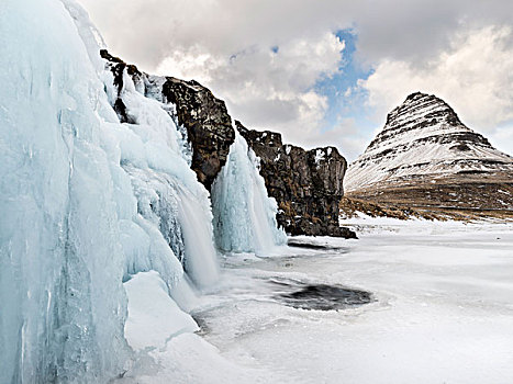 瀑布,斯奈山半岛,冬天,背景,攀升,冰岛,象征,大幅,尺寸