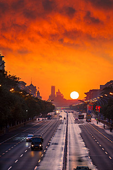 北京清晨长安街街道日出