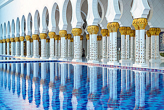 白色,柱廊,清真寺,蓝色,喷泉,阿布扎比,阿联酋