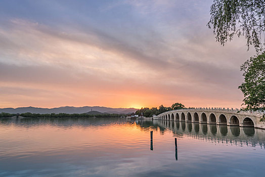 夕阳下的中国北京颐和园的湖泊园林建筑