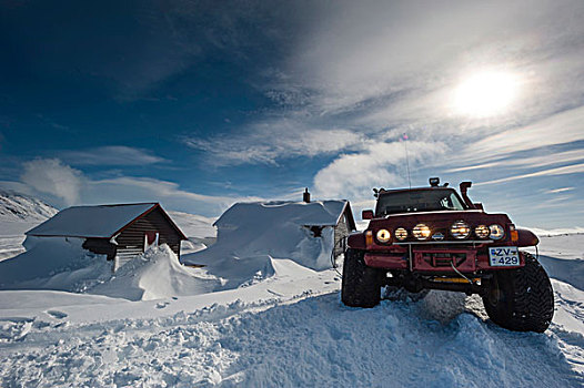 吉普车,正面,积雪,小屋,冰河,冰岛,高地,欧洲