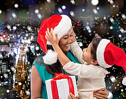 圣诞节,休假,庆贺,家庭,人,概念,高兴,母子,女孩,圣诞老人,帽子,礼盒,上方,背景