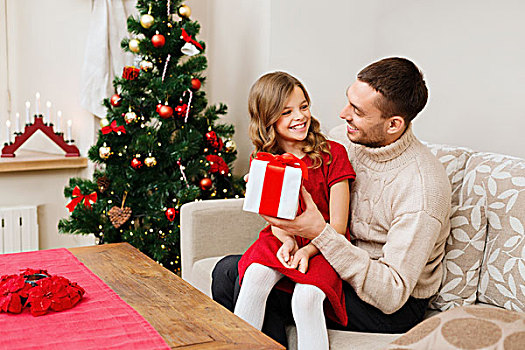圣诞节,圣诞,冬天,高兴,人,概念,微笑,父亲,女儿,拿着,礼盒,对视