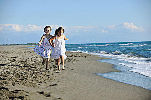 高兴,两个,小,女孩,开心,喜悦,时间,美女,海滩,跑