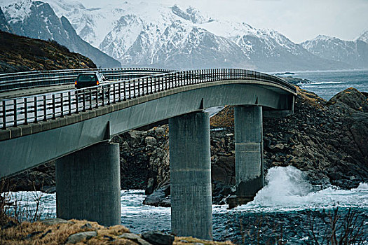 越野,交通工具,穿过,沿岸,桥,瑞恩,罗弗敦群岛,挪威