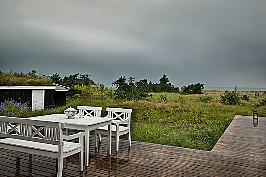 平台,桌子,椅子,夏天,风暴,上方,海洋,雨
