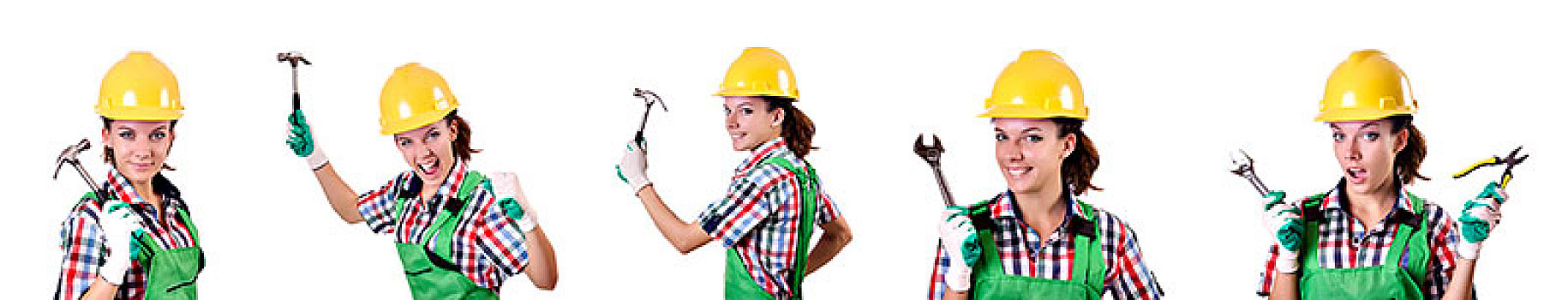 女性,工人,绿色,工作服,隔绝,白色背景