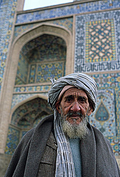 头像,老人,户外,著名,蓝色清真寺,赫拉特,阿富汗