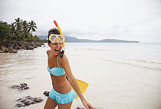 美女,戴着,比基尼,隔绝,海滩,多米尼加共和国