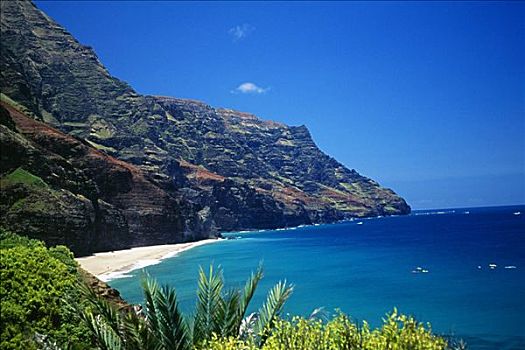 夏威夷,考艾岛,纳帕利海岸,海滩,海岸线,蓝天,水,皮划艇