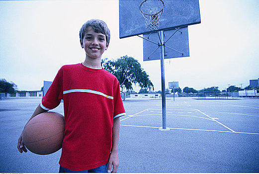 男孩,肖像,拿着,篮球,户外,篮球场