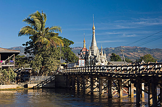 桥,庙宇,镜子,塔,茵莱湖,掸邦,缅甸,亚洲