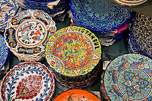亚洲,土耳其,伊斯坦布尔,大巴扎集市,手绘,陶瓷,纪念品,盘子,彩色,华丽,造型,大幅,尺寸