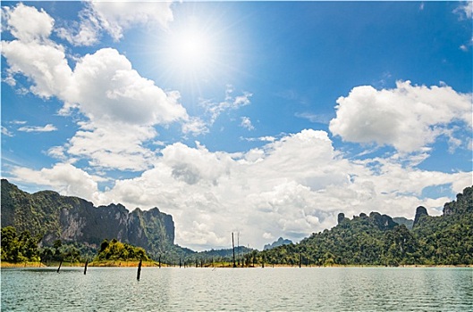 太阳,上方,湖,山