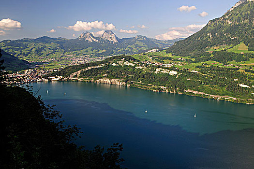 湖,两个,顶峰,山峦,瑞士,欧洲