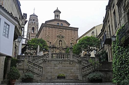 楼梯,教堂,西班牙,乡村,露天博物馆,蒙特足斯,巴塞罗那,加泰罗尼亚,欧洲
