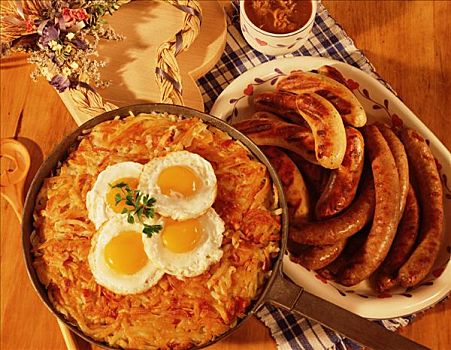 早餐,烤土豆饼,德国香肠,蛋