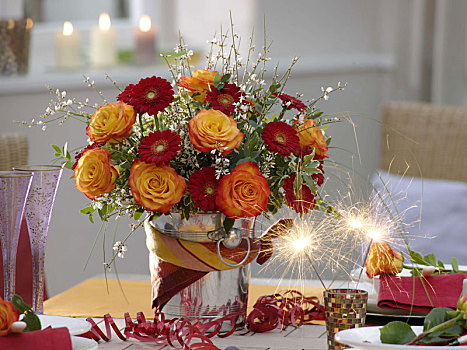 新年,桌饰,玫瑰,非洲菊