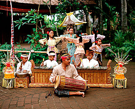 印度尼西亚,巴厘岛,手,桶,男孩,演奏,器具,女孩,跳舞,背景,传统服装
