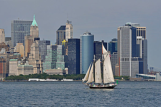 帆船,哈得逊河,正面,南,曼哈顿,摩天大楼,纽约,美国